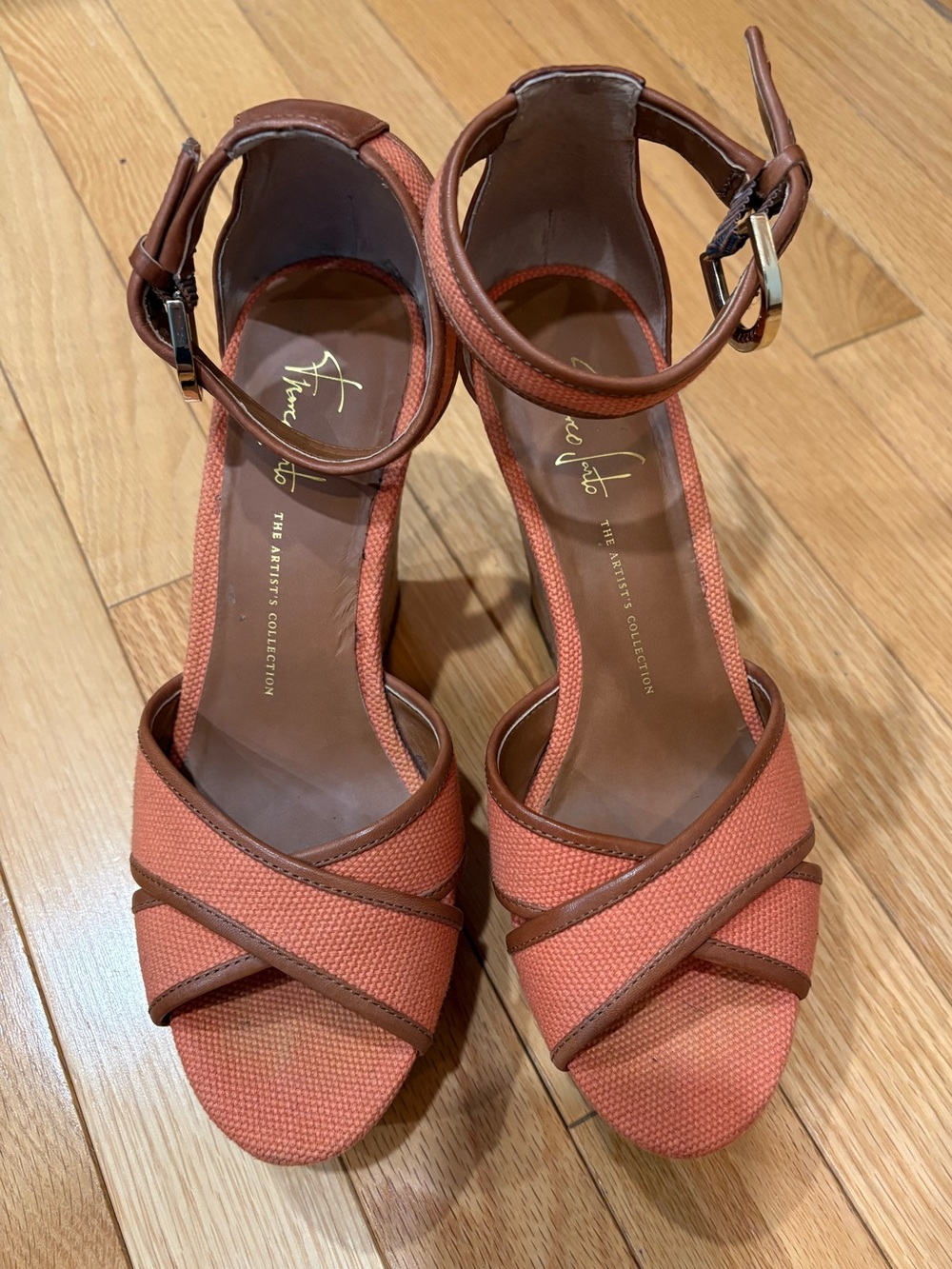 Franco Sarto Orange and Brown Crisscross Ankle-Strap Platform wedges, size 7